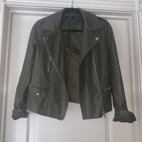 Forever 21 Jackets & Coats Forever 2 Army Green Leather Motto Jacket Size S Poshmark